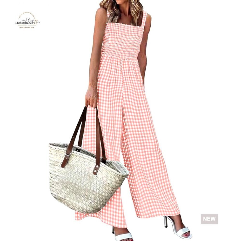 Medium Sleeveless Gingham Jumpsuit Smocked Bodice Wide Leg Date Night
